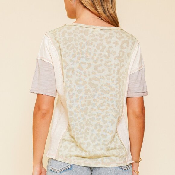 HEM & THREAD Neutral Leopard Patchwork Tee • Soft Knit Mixed Media Top - Picture 6 of 8
